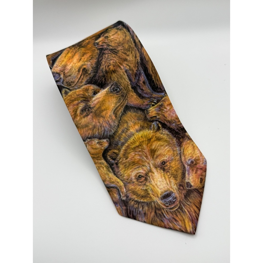 D'em Crazy Necktie OS Grizzly Bear Wildlife Nature Animal Print Brown Gorpcore